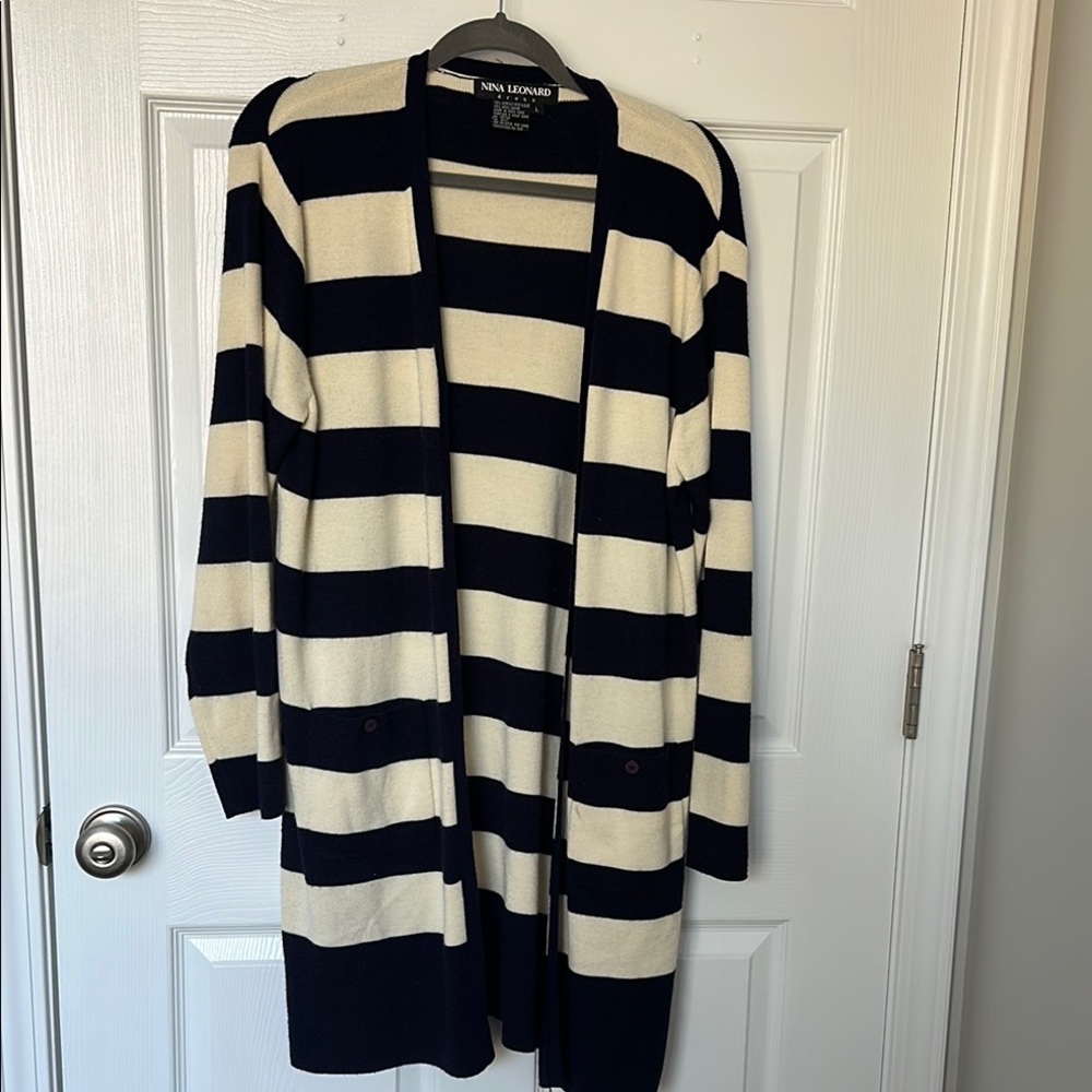 Nina Leonard Cream and Blue Striped Cardigan Sweater